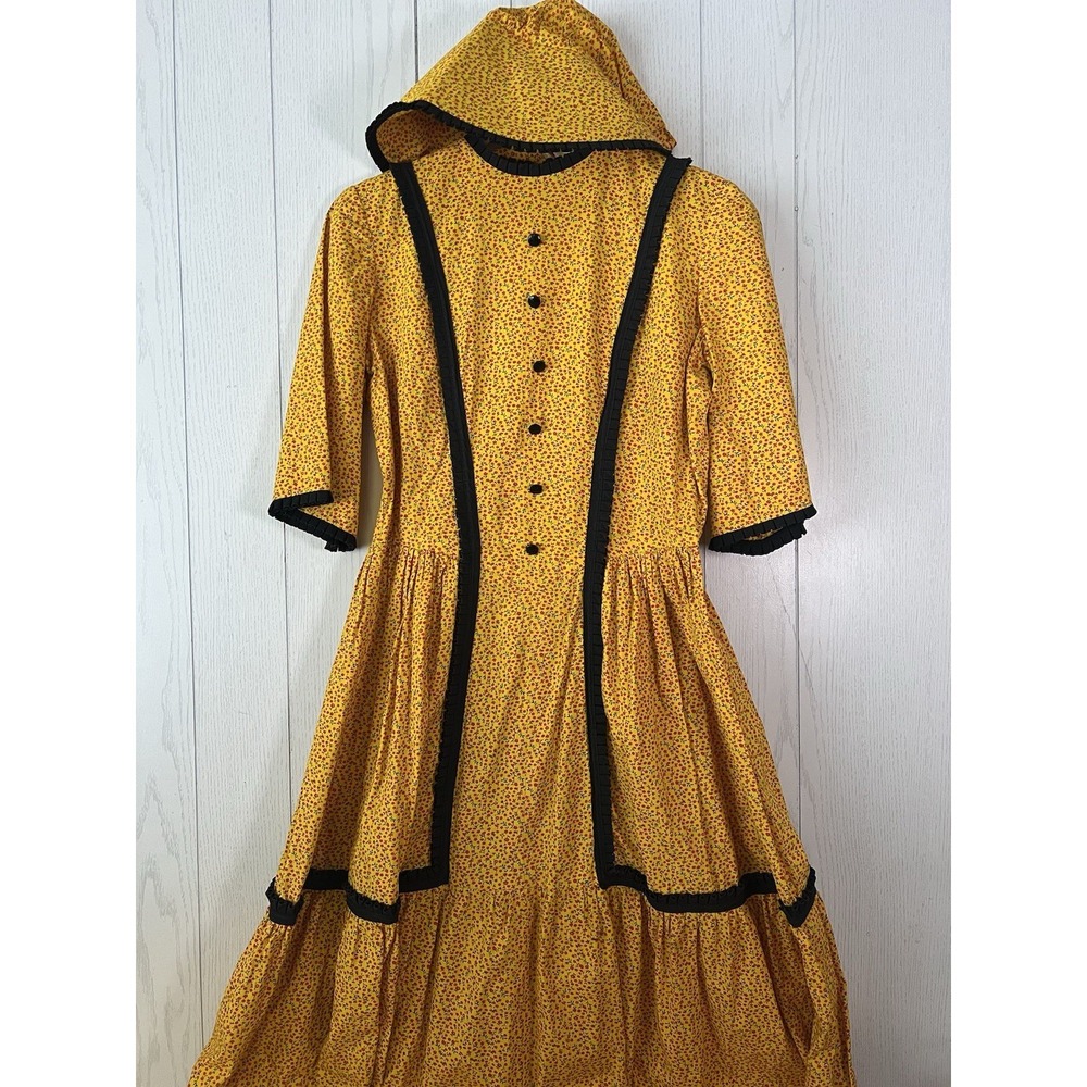 Vintage Cottagecore Prairie Dress Micro Floral Bonnet Yellow Boho Dirndls Square